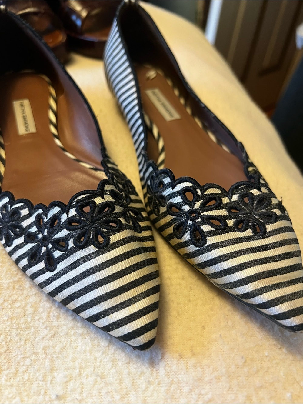 Tabitha Simmons Black and White Striped Pointed-Toe Flats with Lace Appliquรฉ